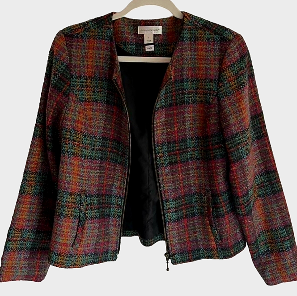 Christopher & Banks Lined Tweed Wool Princess Colorful Plaid Blazer Jacket Sz L